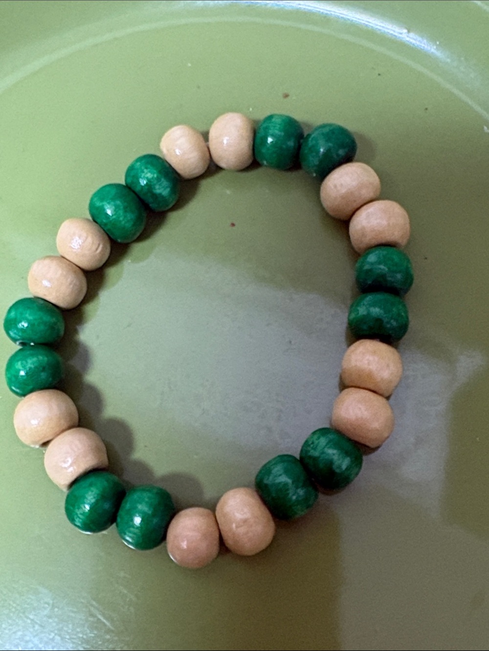 Handmade Green and Natural Wood Beaded Stretch Bracelet